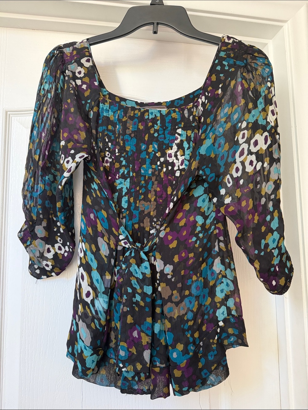 Tie-Front Floral Blouse in Black with Teal and Purple Accents